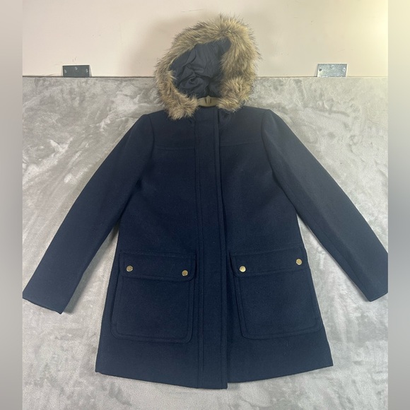 J. Crew mercantile wool navy blue faux fur hooded coat - Picture 2 of 13